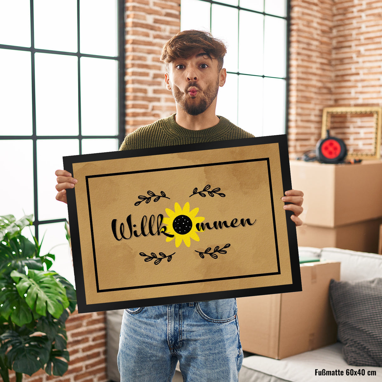 Willkommen Fußmatte mit wunderschönem Sonnenblumen Motiv für Hauseingang