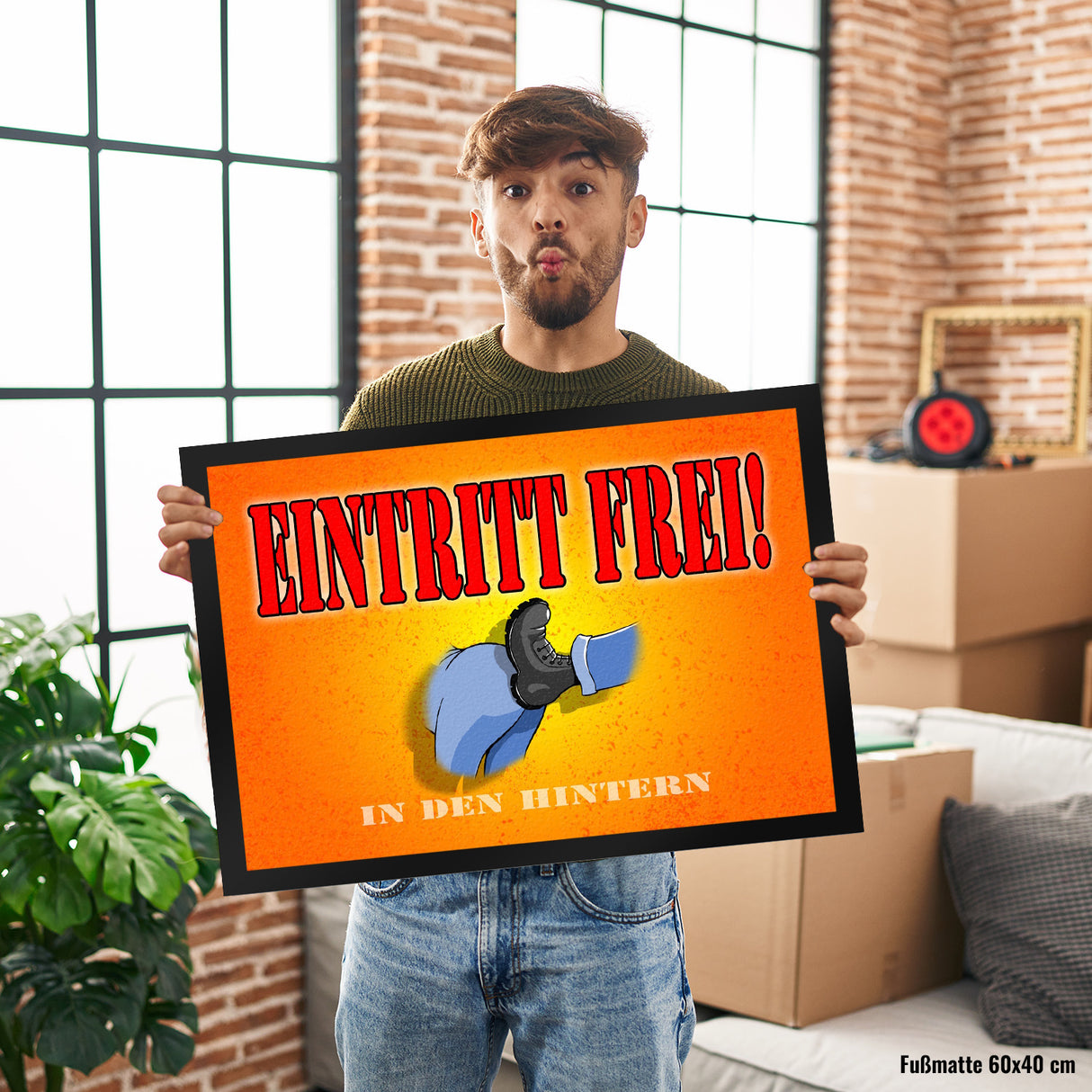 Fußmatte Eintritt frei - in den Hintern mit lustigem Comic-Arschtritt Symbol