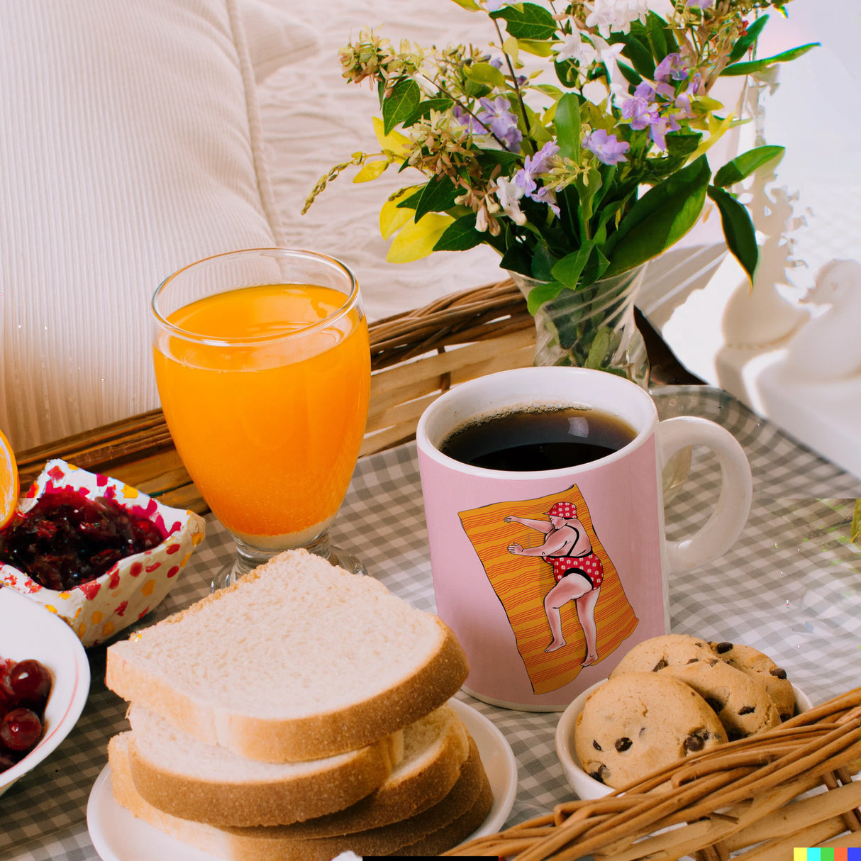 Kaffeebecher mit lustigem Spruch zum Thema Modelfigur und Comic-Dame im Badeanzug