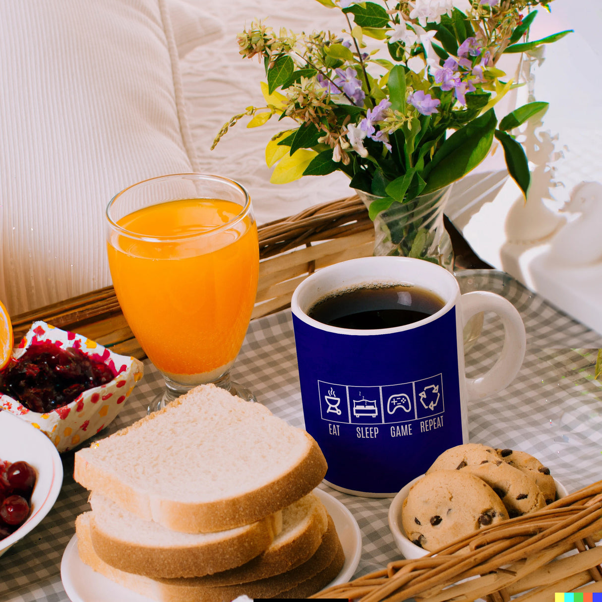 EAT, SLEEP, GAME, REPEAT Kaffeebecher mit blauem Hintergrund