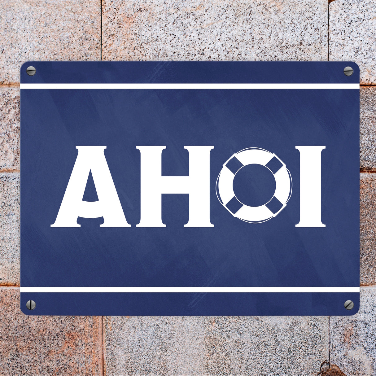 Metallschild Ahoi - mit Maritim Rettungsring Motiv