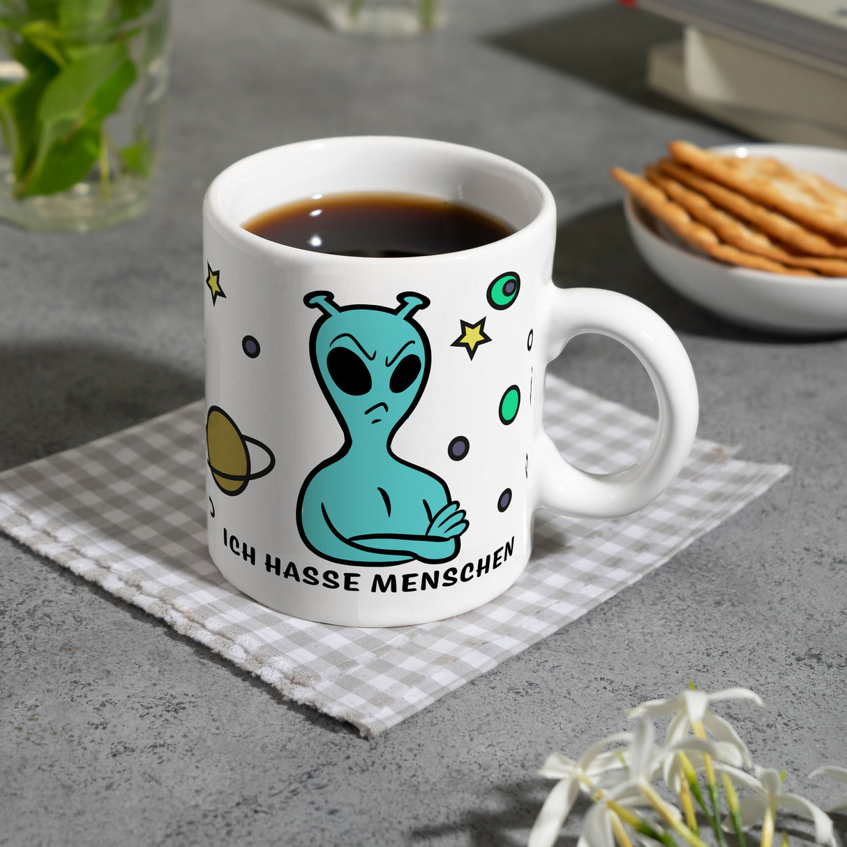 Kaffeebecher mit lustigem Comic Alien Motiv - Ich hasse Menschen