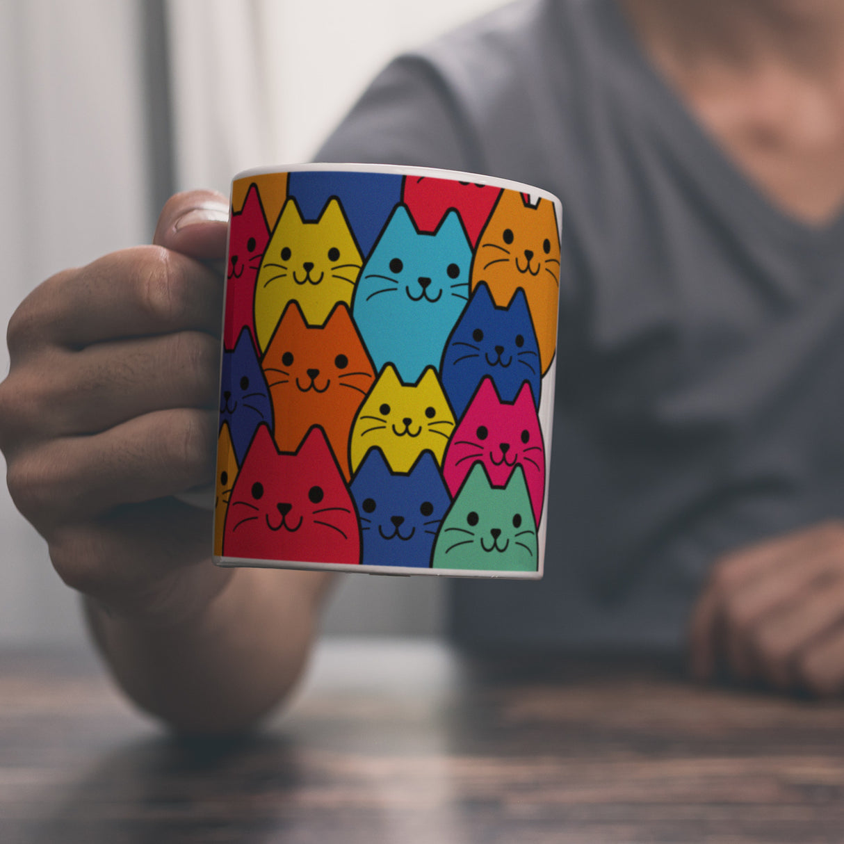 Kaffeebecher mit Katzen Motiv - Buntes Wimmelbild mit Comic Kätzchen