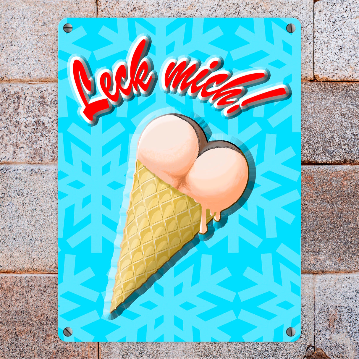 Metallschild mit Eis Motiv - Leck mich! Eiskugeln in Form von Hintern