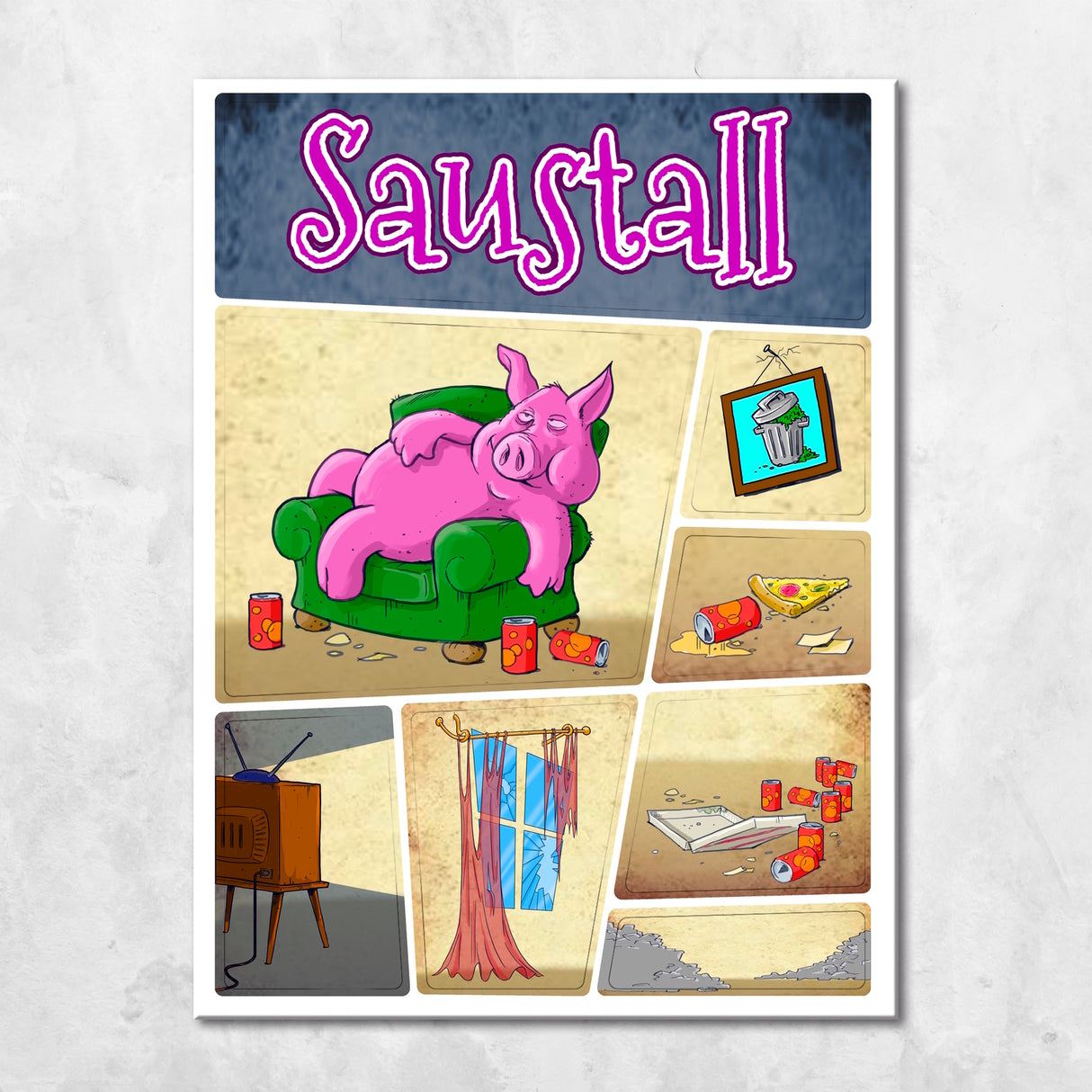 Magnetset mit Saustall Motiv: dickes Schwein liegt auf Couch 8er Set Magnete