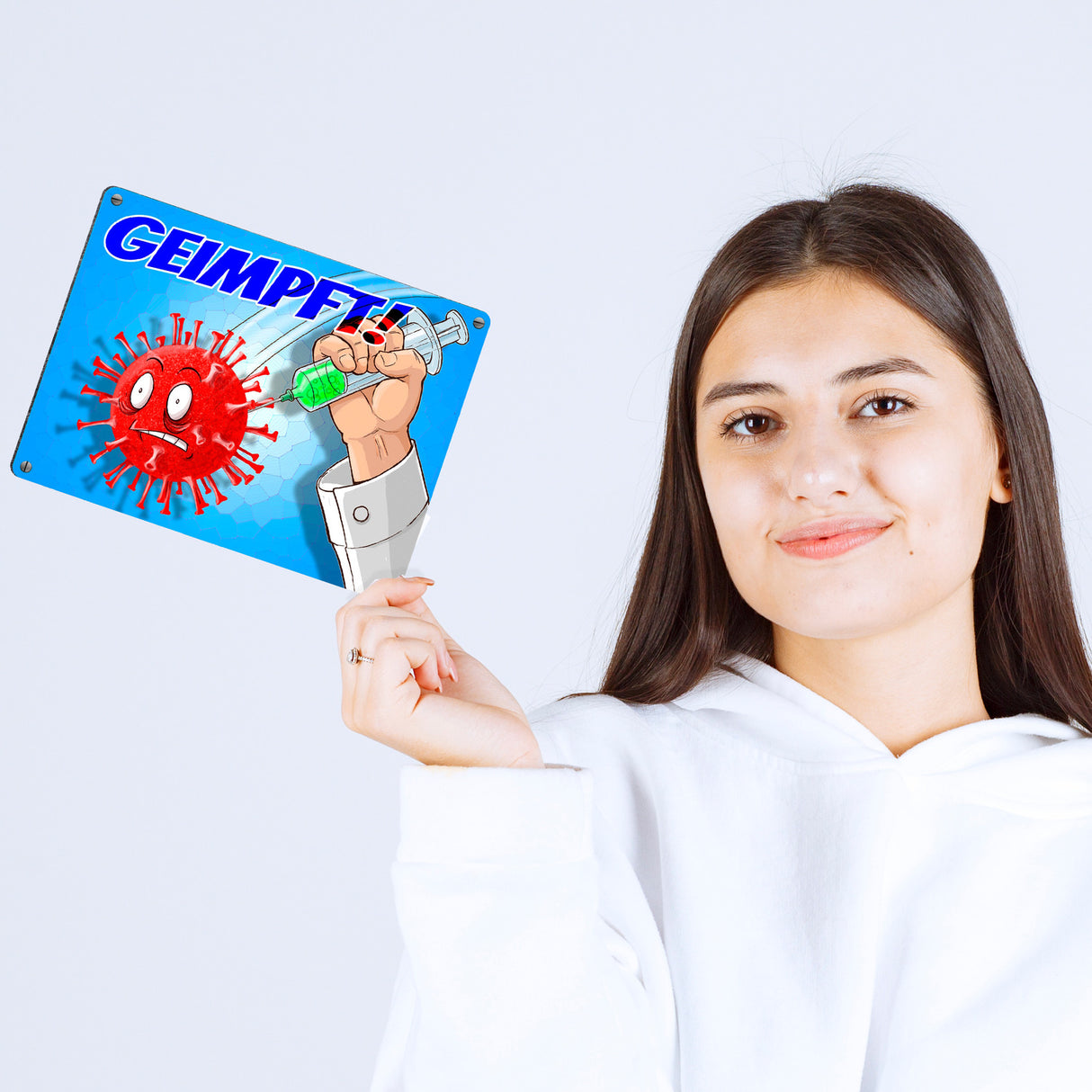 Metallschild mit Virus und Spritzen Motiv - Geimpft! Lustiger Impfhumor