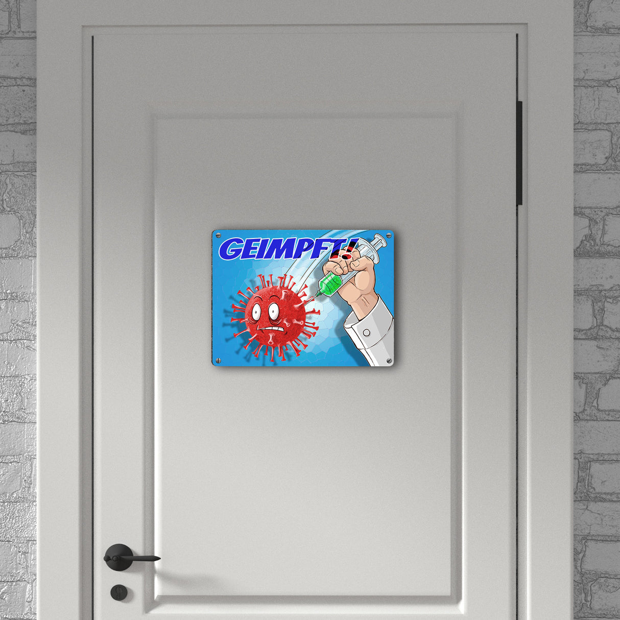 Metallschild mit Virus und Spritzen Motiv - Geimpft! Lustiger Impfhumor