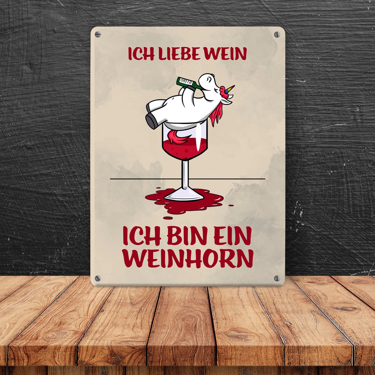 Metallschild mit Motiv und Spruch - Ich liebe Wein ich bin ein Weinhorn