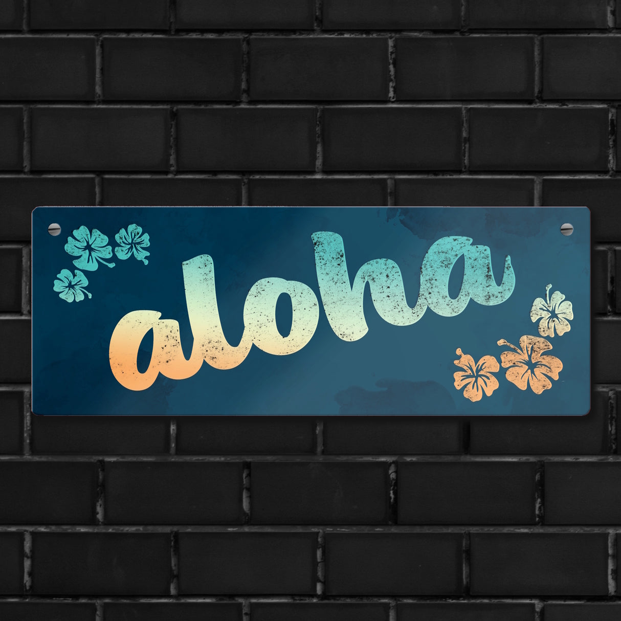 Metallschild mit Hawaii Design und Schriftzug - Aloha mit kleinen Blumen