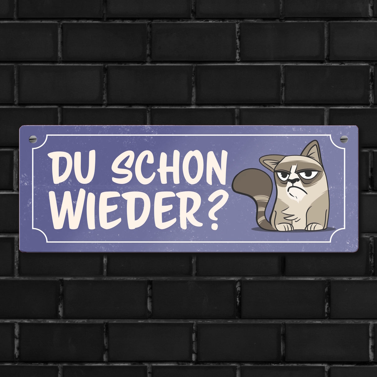 Metallschild mit Spruch und genervter Comic Katze - Du schon wieder?
