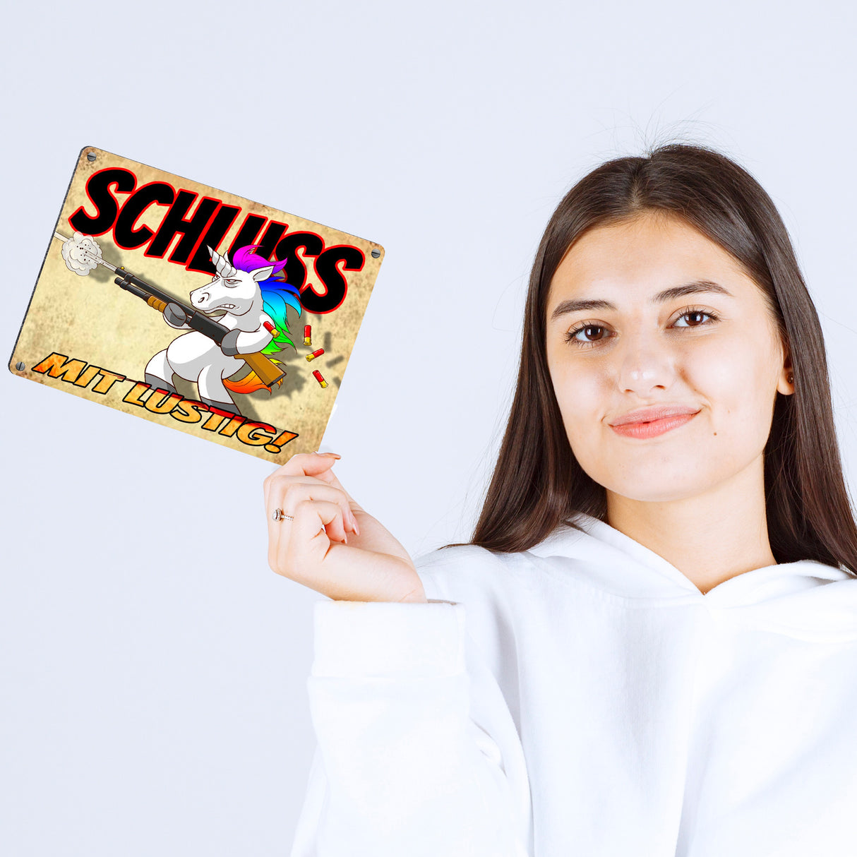 Metallschild mit lustigem Einhorn mit Gewehr Motiv - SCHLUSS MIT LUSTIG!