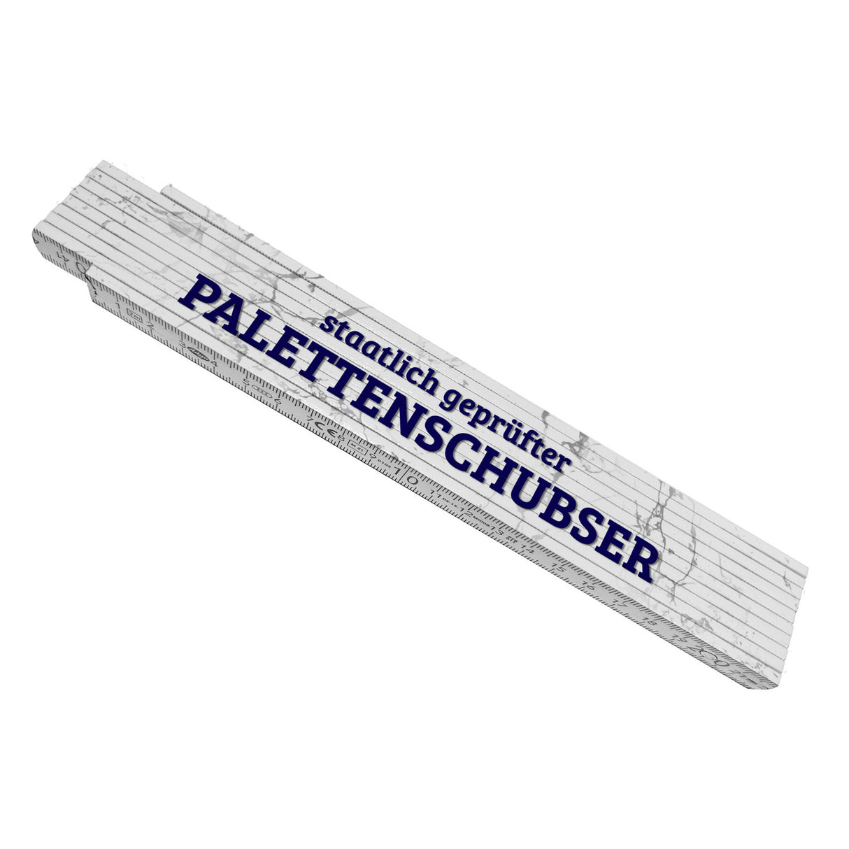 Palettenschubser Meterstab aus Holz mit Marmorhintergrund