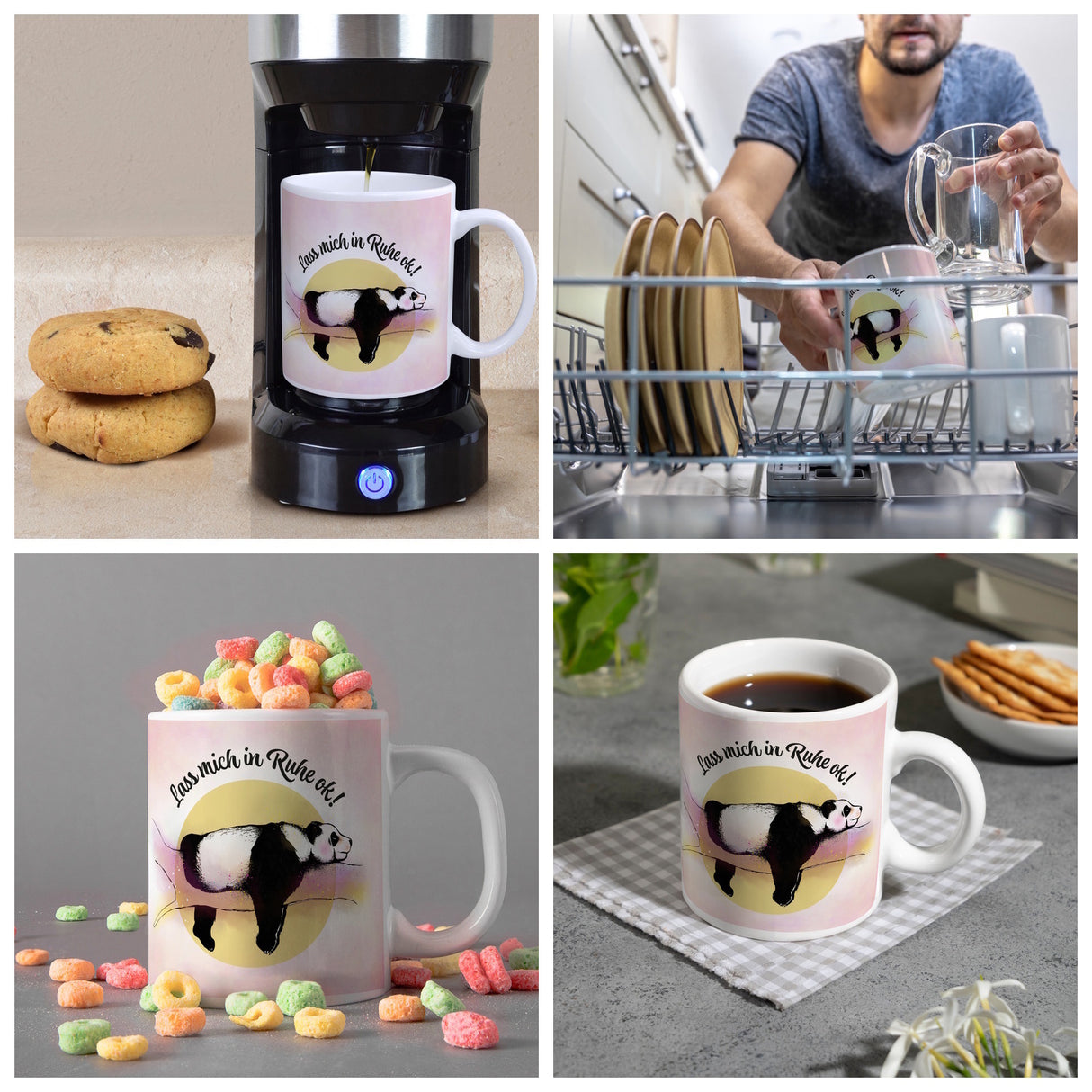 Panda auf einem Ast Kaffeebecher Lass mich in Ruhe ok! in bunten Farben