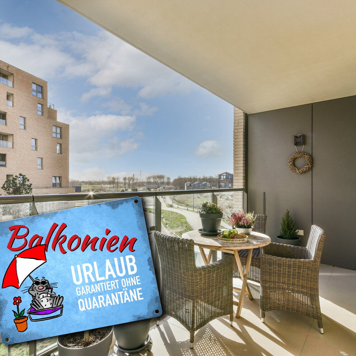 Balkonien Urlaub Metallschild mit Seeleopard auf dem Balkon