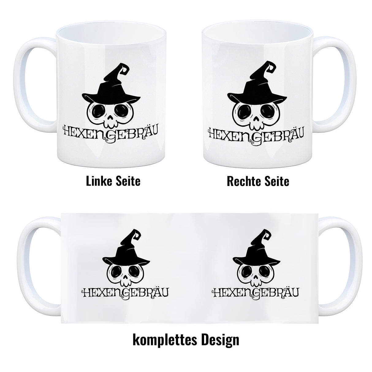 Kaffeebecher mit lustigem Halloween Motiv - Totenkopf mit Hexenhut