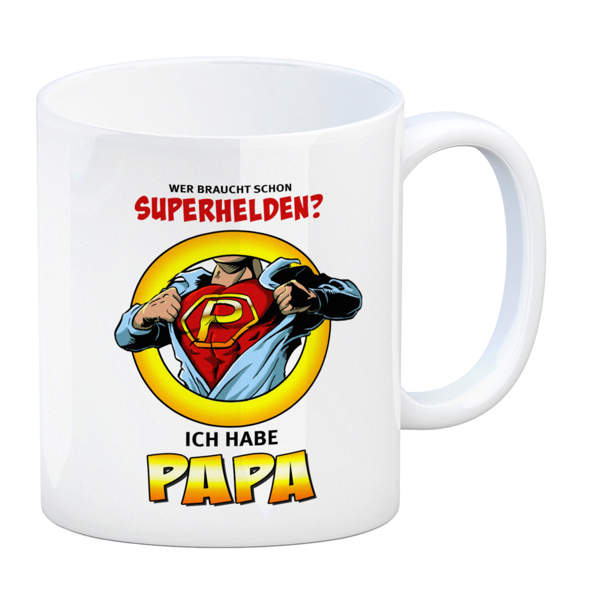 Kaffeebecher Comic mit Spruch - Wer braucht schon Superhelden? Ich habe Papa