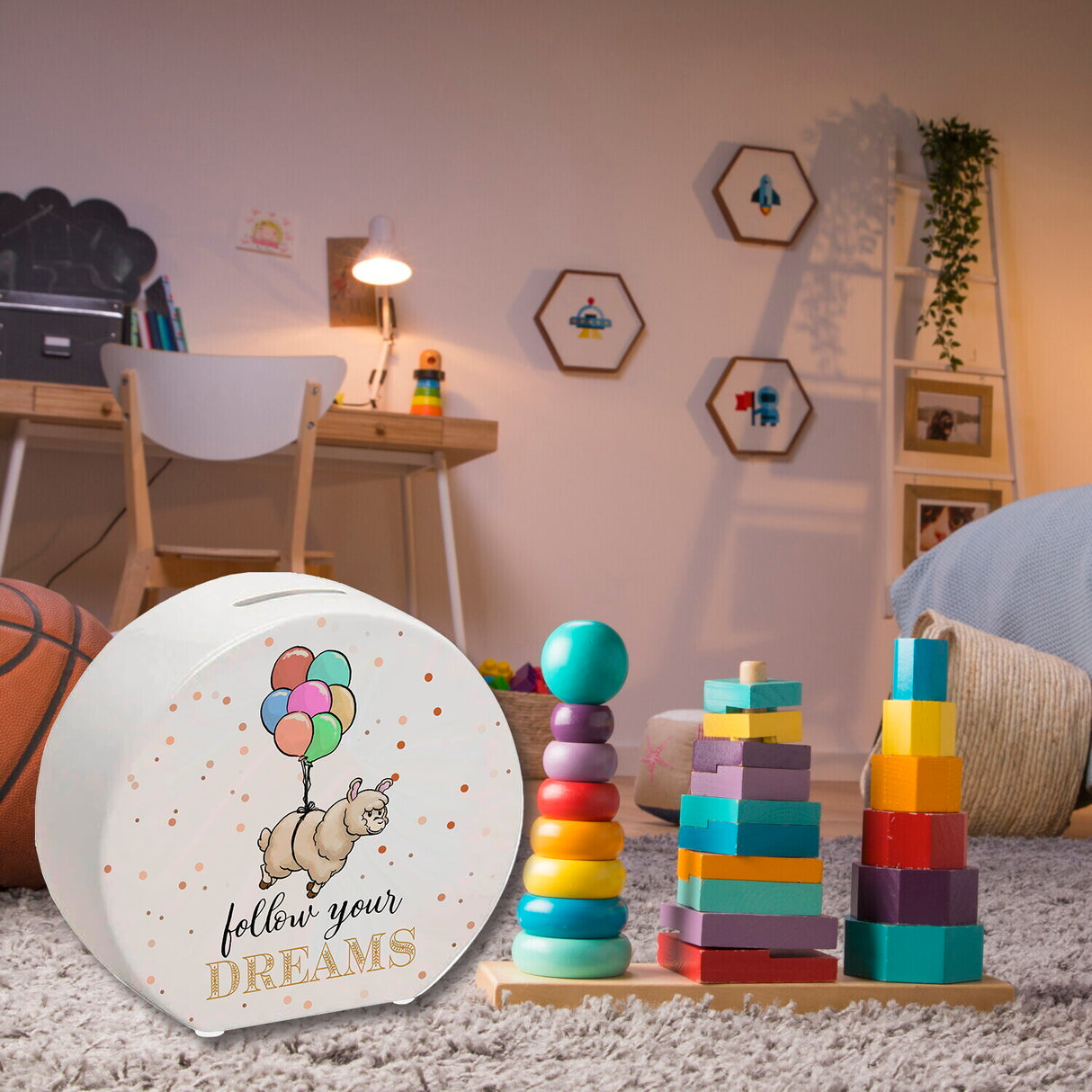 Spardose mit niedlichem Lama-Motiv und Spruch - Follow your dreams