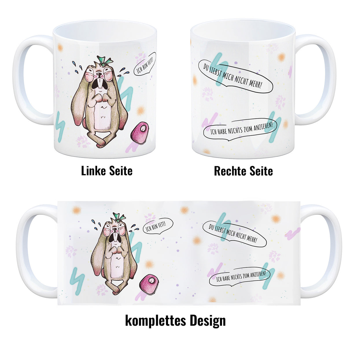 Kaffeebecher mit unzufriedenem, traurigem Hasen und witzigen Sprüchen