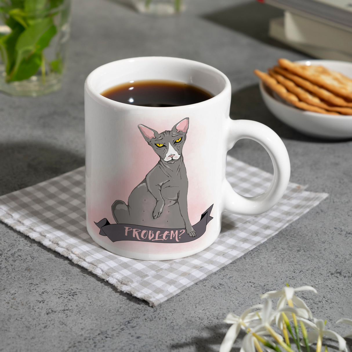 Kaffeebecher mit böse schauender Nacktkatze und Spruch Psycho/Problem?