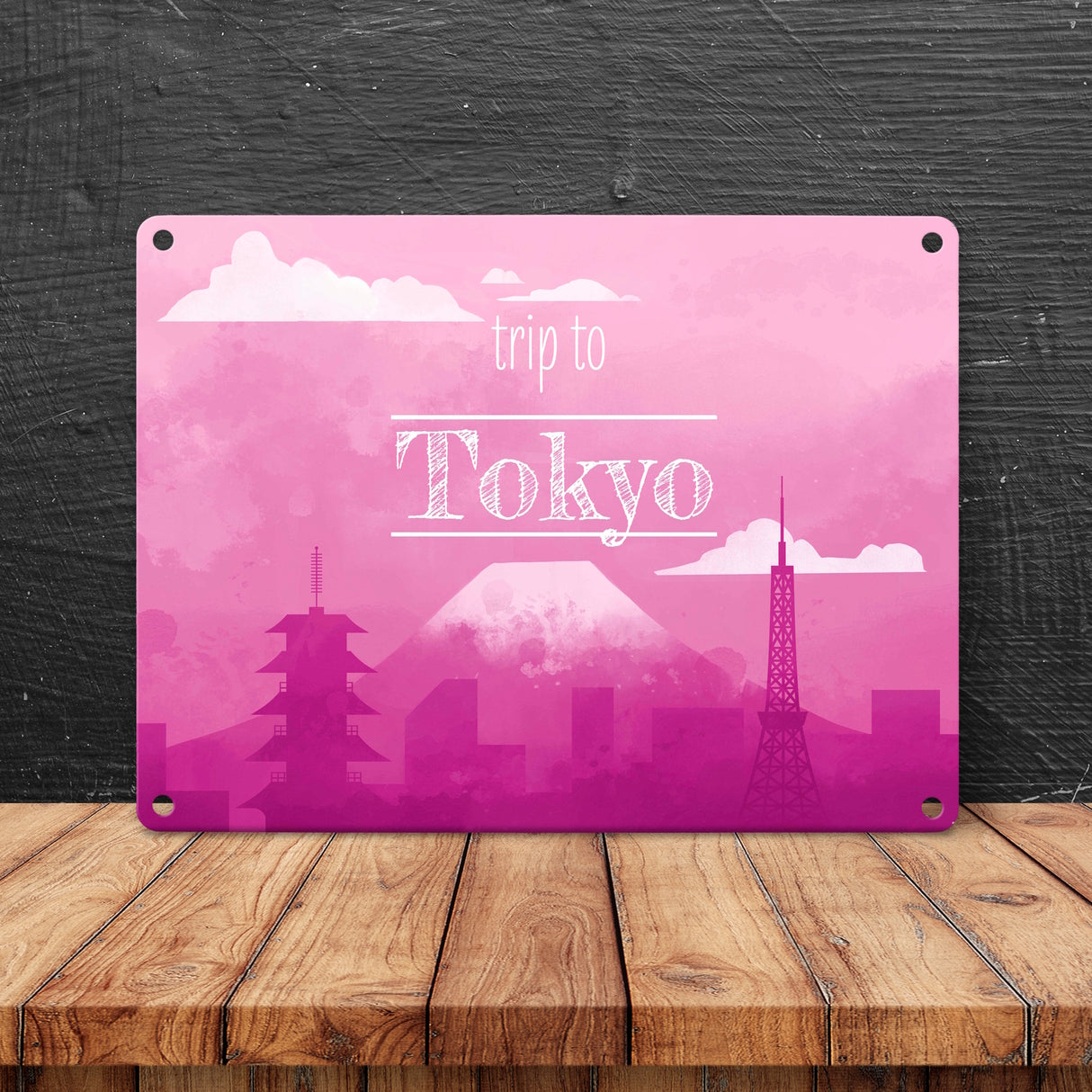 Metallschild in 15x20 cm für Fans von Städtetrips mit der Silhouette von Tokyo in pink
