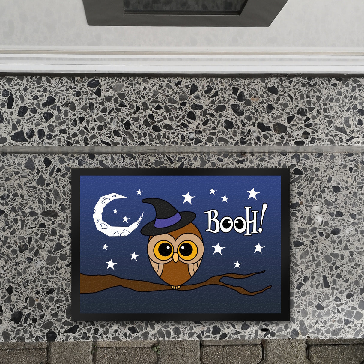 Fußmatte für Halloween mit niedlichem Eulenmotiv und Spruch - BOOH!