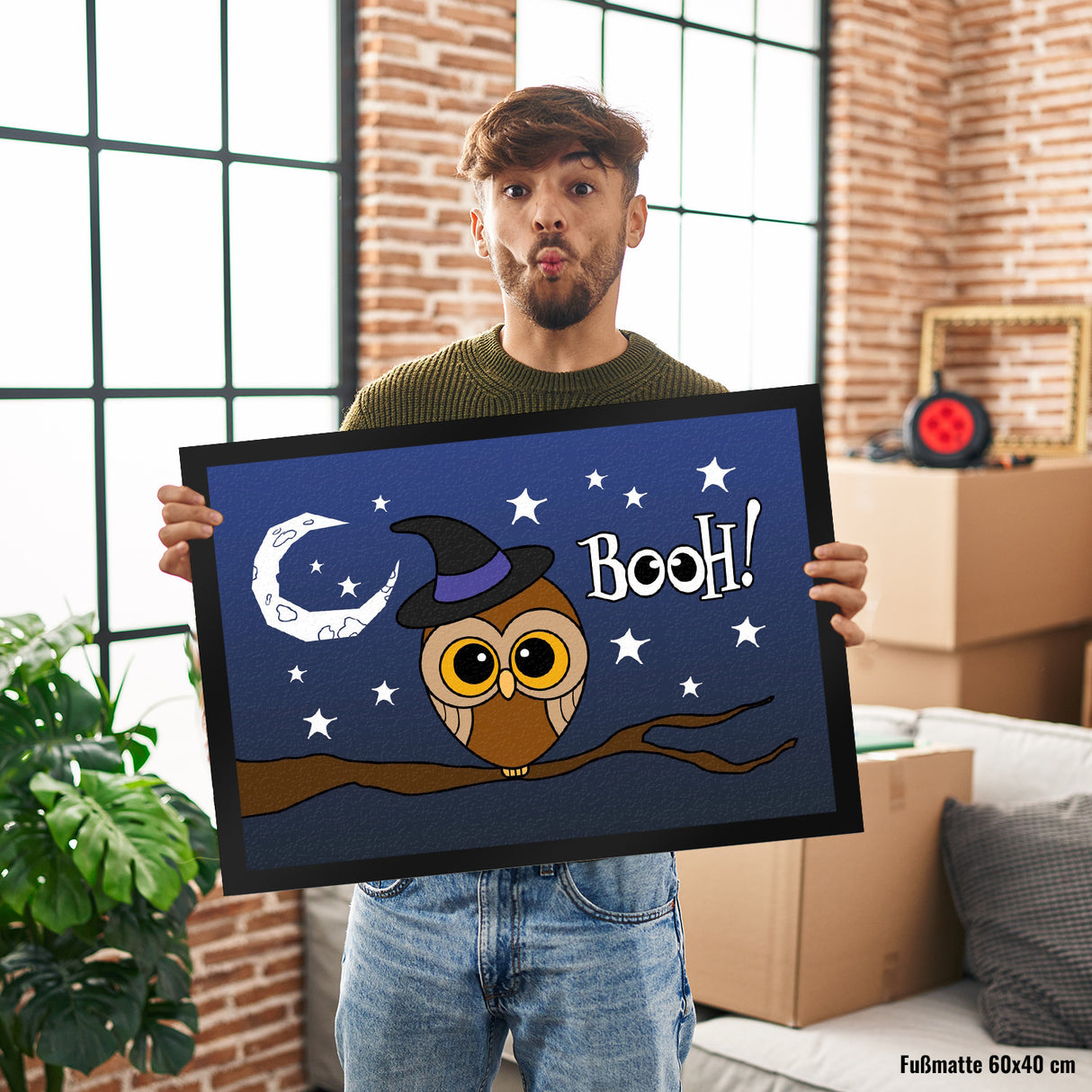 Fußmatte für Halloween mit niedlichem Eulenmotiv und Spruch - BOOH!