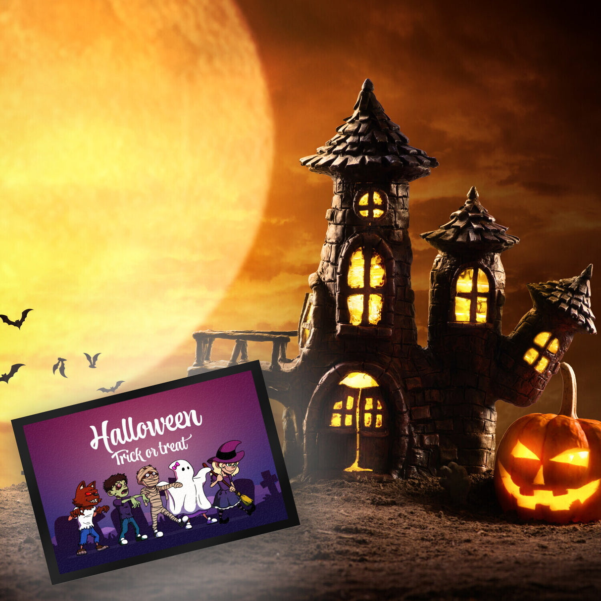 Fußmatte mit Halloween-Motiv, Spruch und kleinen Monstern