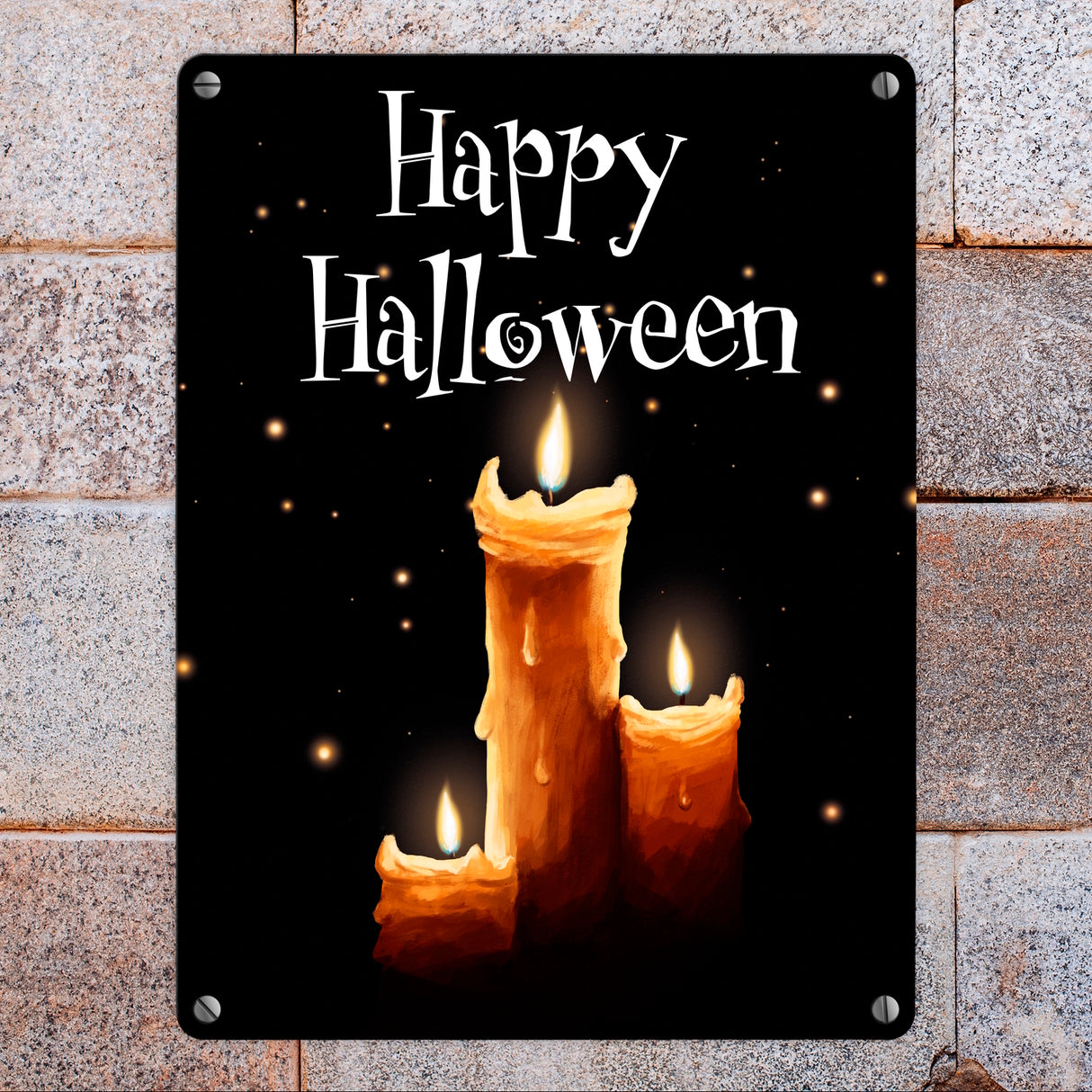 Metallschild mit gruseligem Kerzen Motiv und Happy Halloween Schriftzug