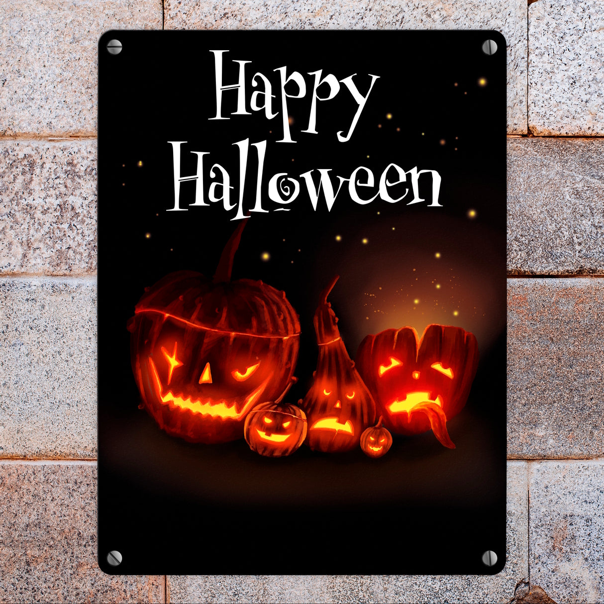 Metallschild mit gruseligem Kürbis Motiv und Happy Halloween Schriftzug