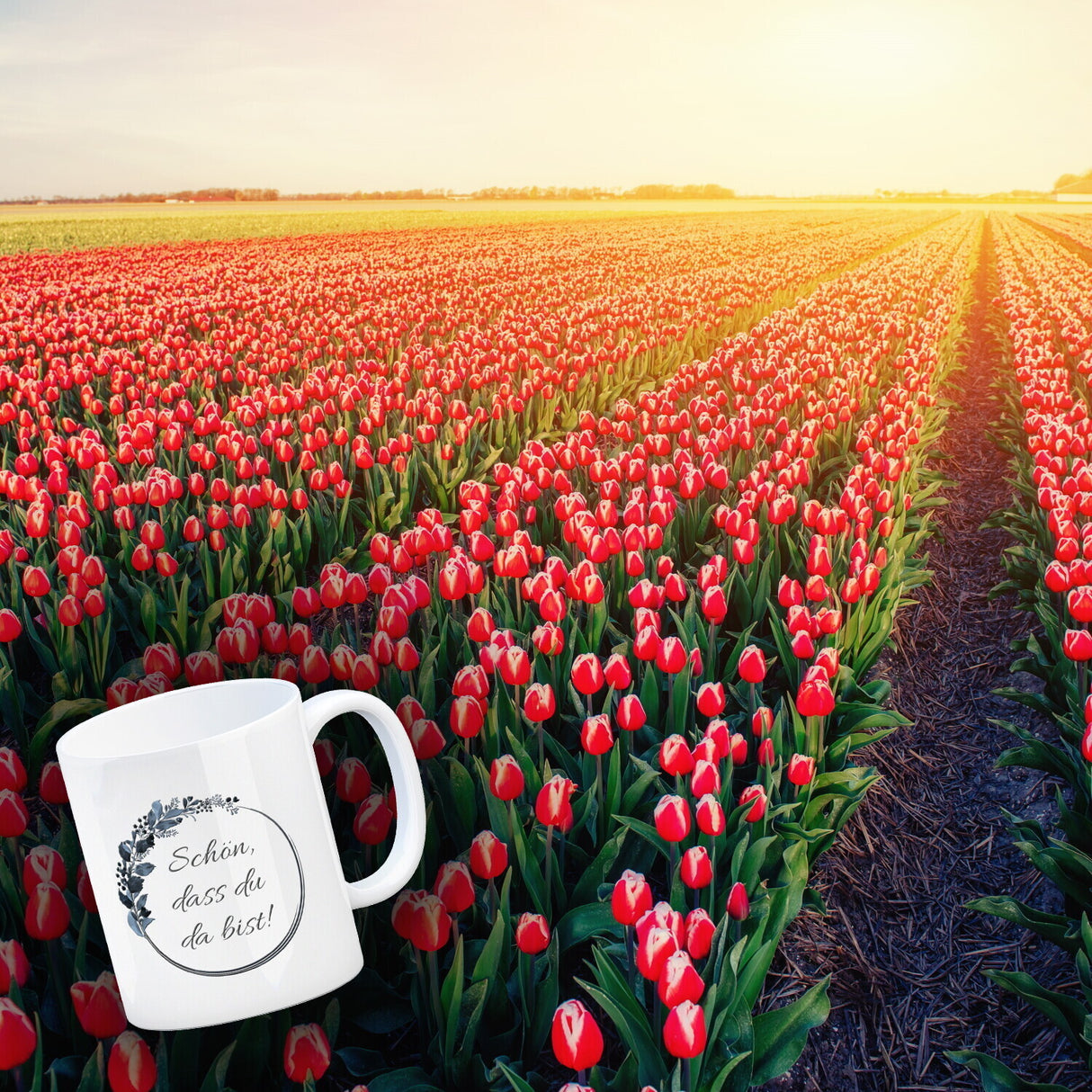 Schön, dass du da bist! Kaffeebecher mit Blumenkranz herrlich wunderbar Kaffeepott Trinkschale edel Gebinde Bukett Strauß Blumen Bouquet Spruch Slogan Sinnspruch Lebensregel