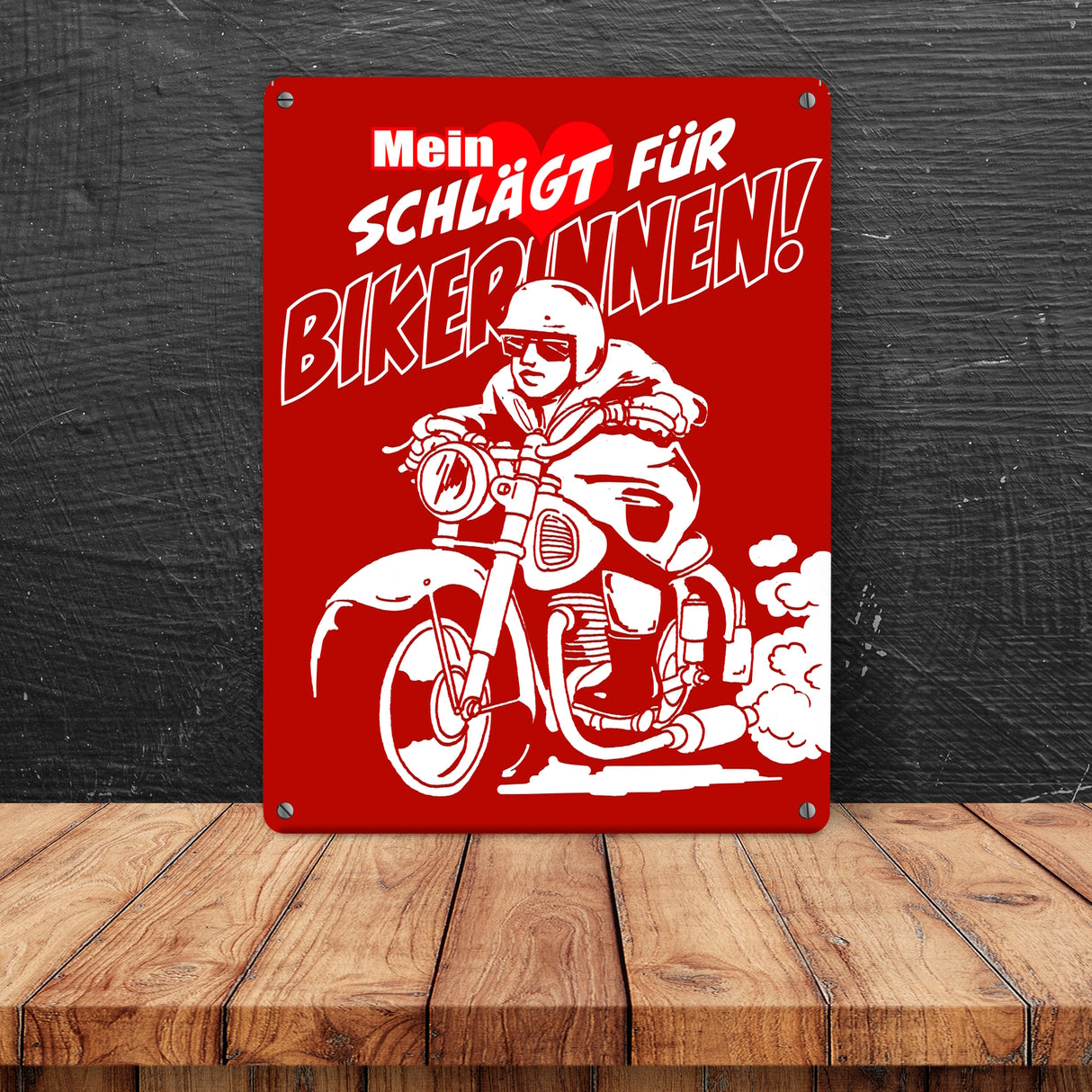 Metallschild mit Motorrad Mein Herz schlägt für Bikerinnen