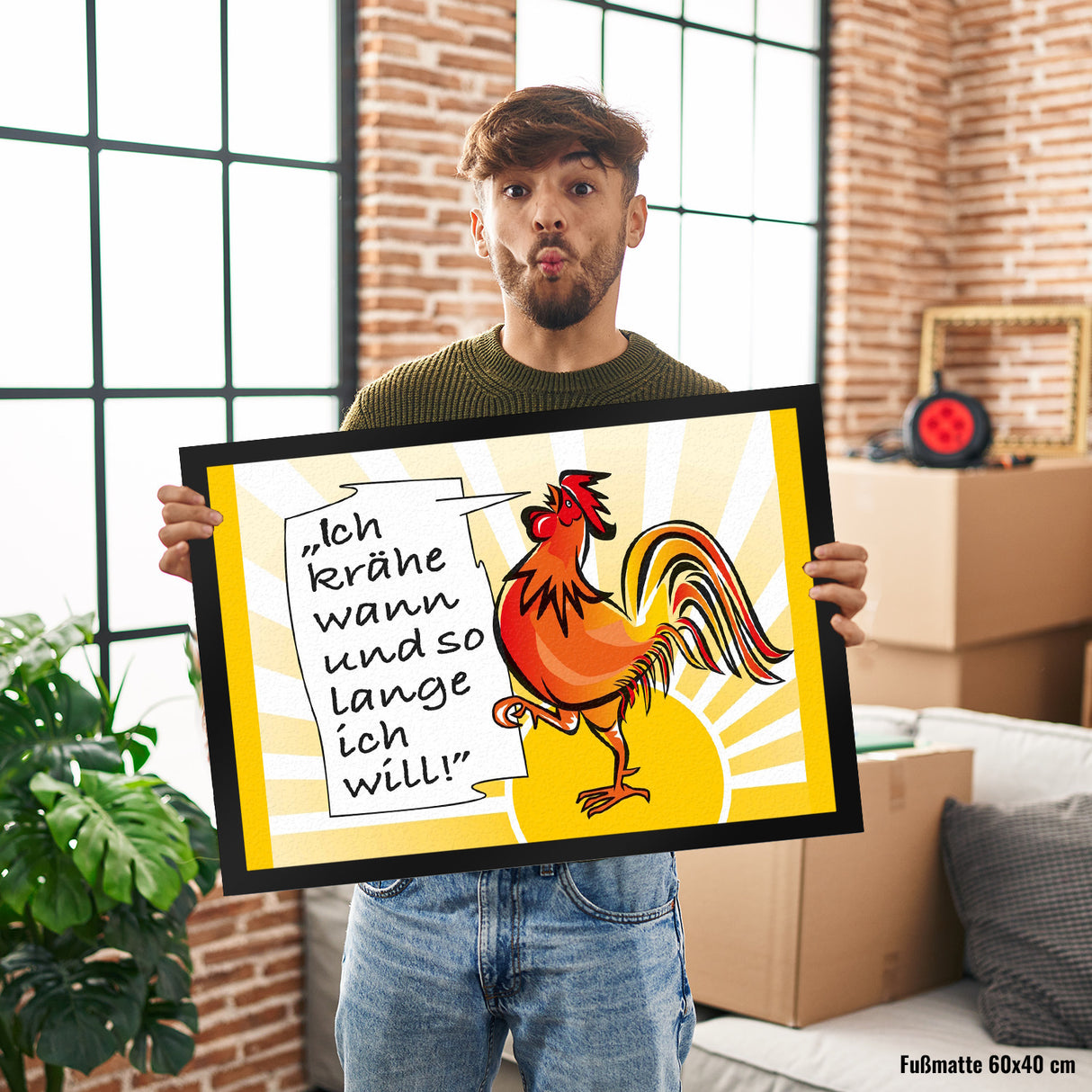 Hahn Fußmatte mit Spruch: Ich krähe wann und solange ich will!