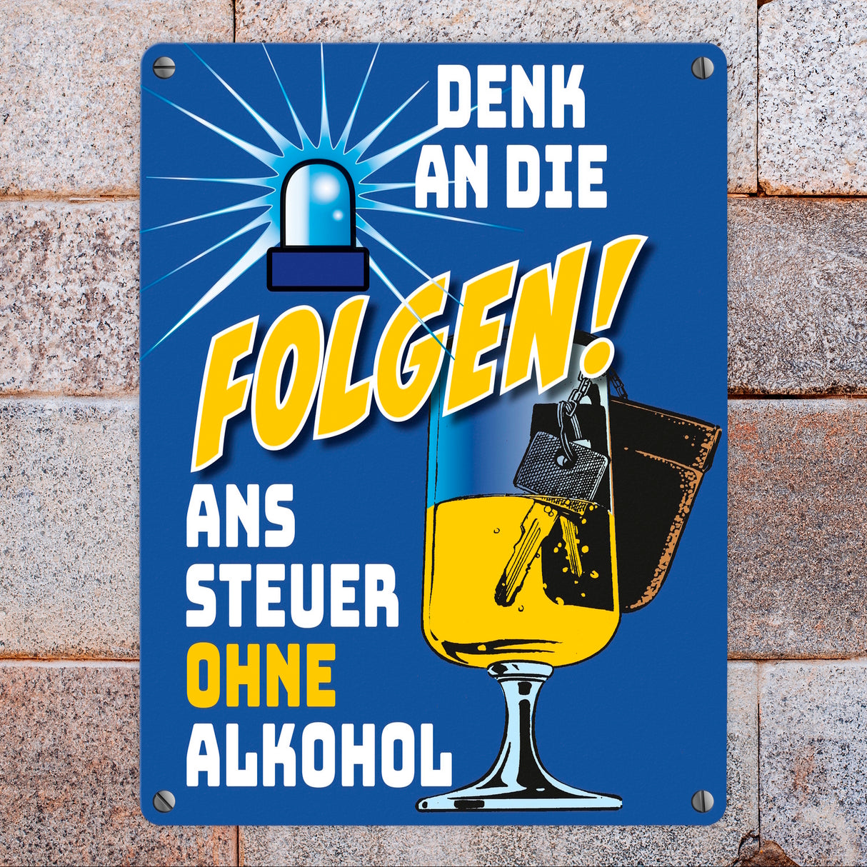 Bierglas und Autoschlüssel Metallschild zum Thema don't drink and drive