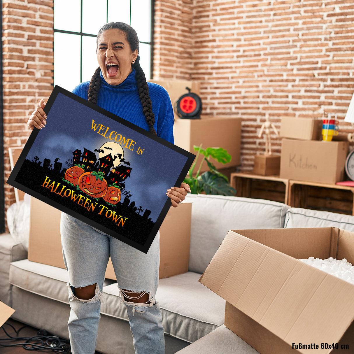 Fußmatte mit gruseligen Halloween Design und Spruch - Welcome in Halloween Town
