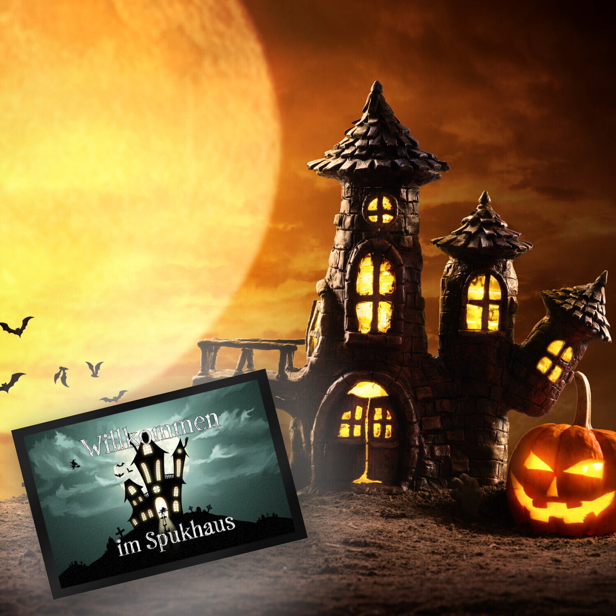 Fußmatte mit gruseligem Halloween Motiv und Spruch - Willkommen im Spukhaus