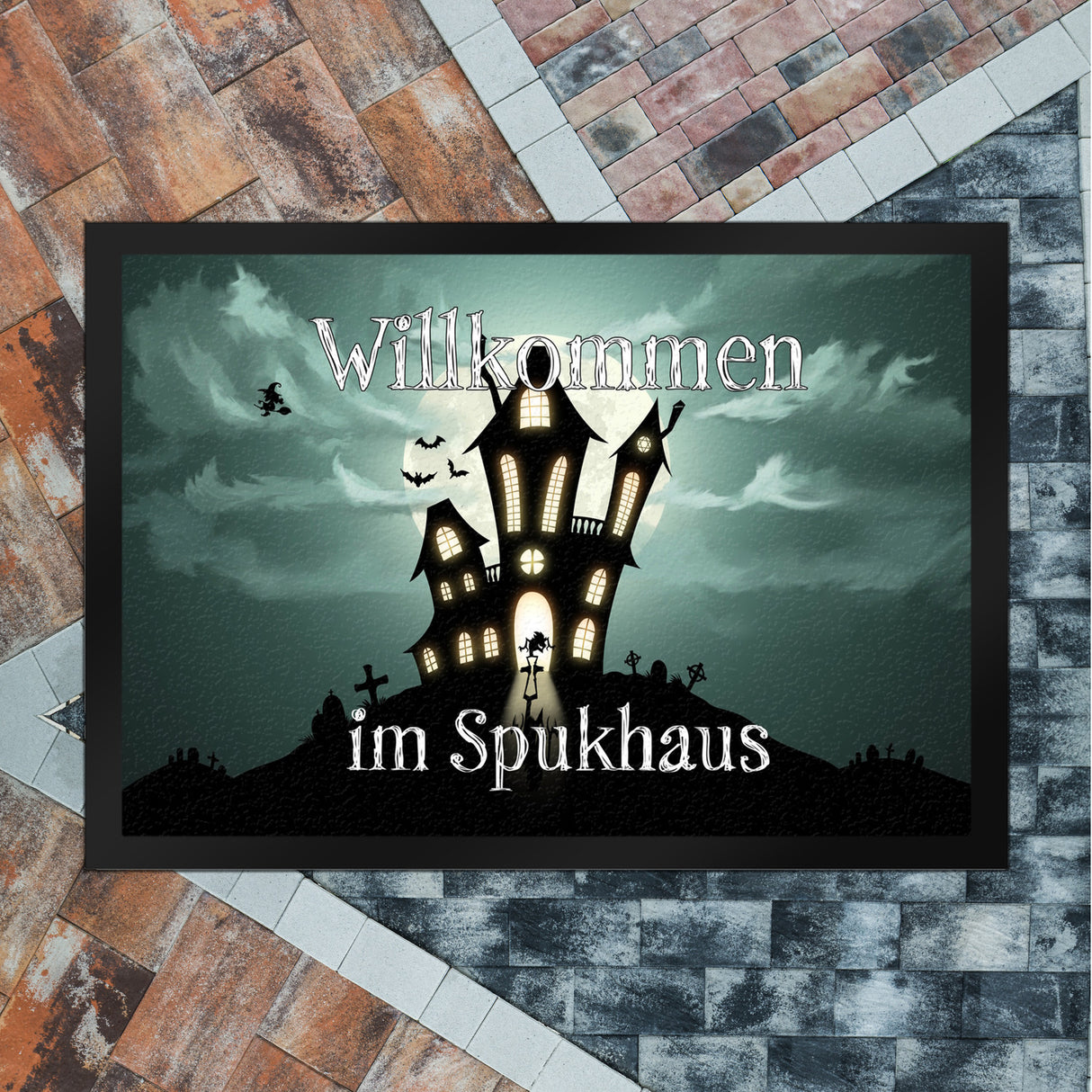 Fußmatte mit gruseligem Halloween Motiv und Spruch - Willkommen im Spukhaus
