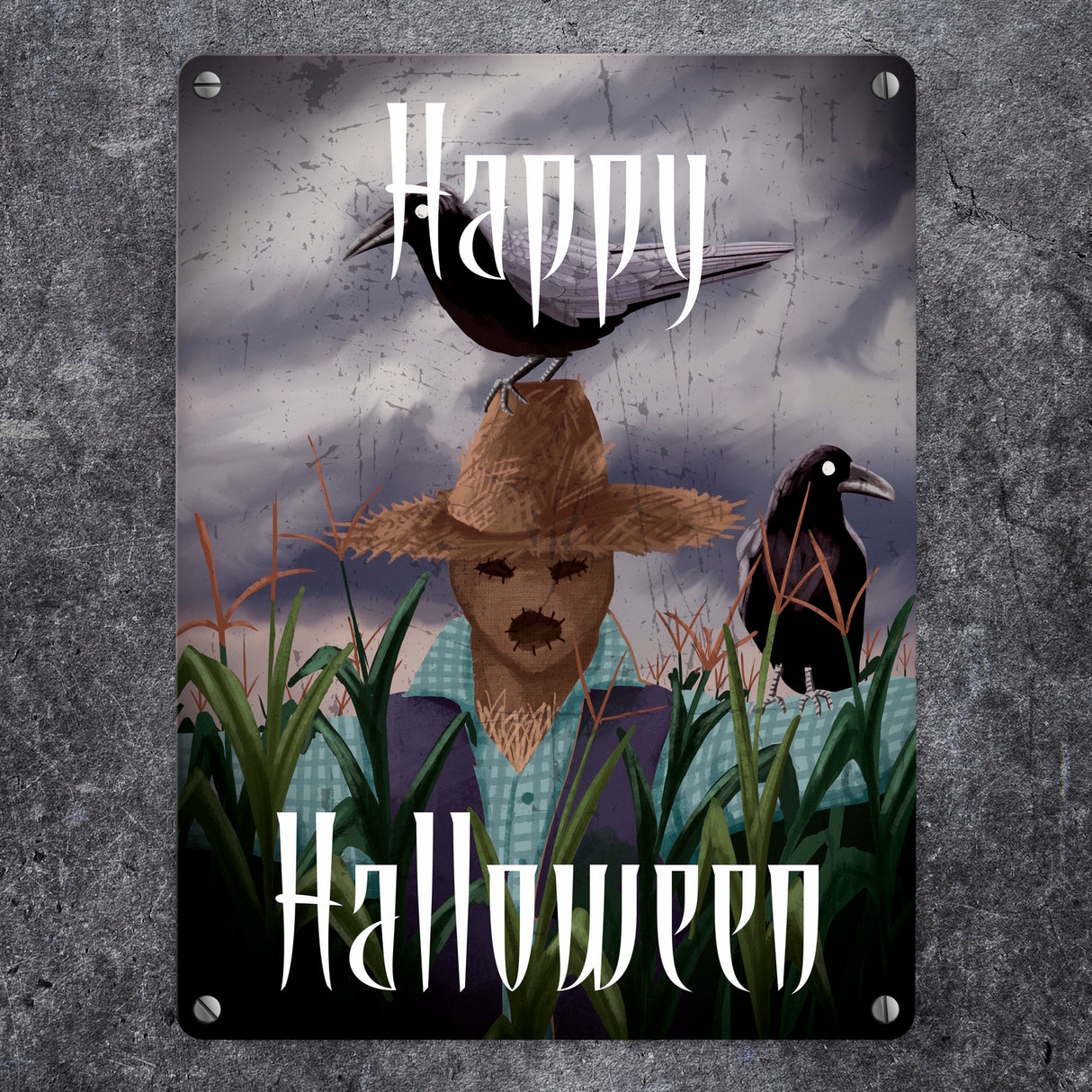 Metallschild mit gruseliger Vogelscheuche und Schriftzug - Happy Halloween