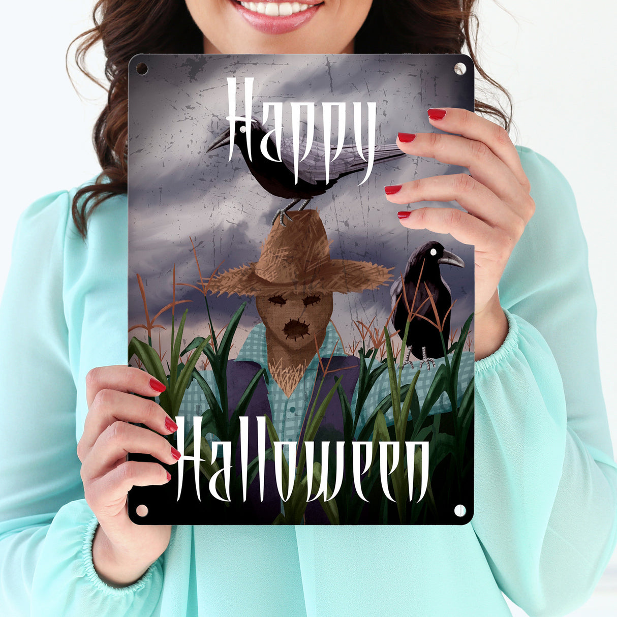 Metallschild mit gruseliger Vogelscheuche und Schriftzug - Happy Halloween