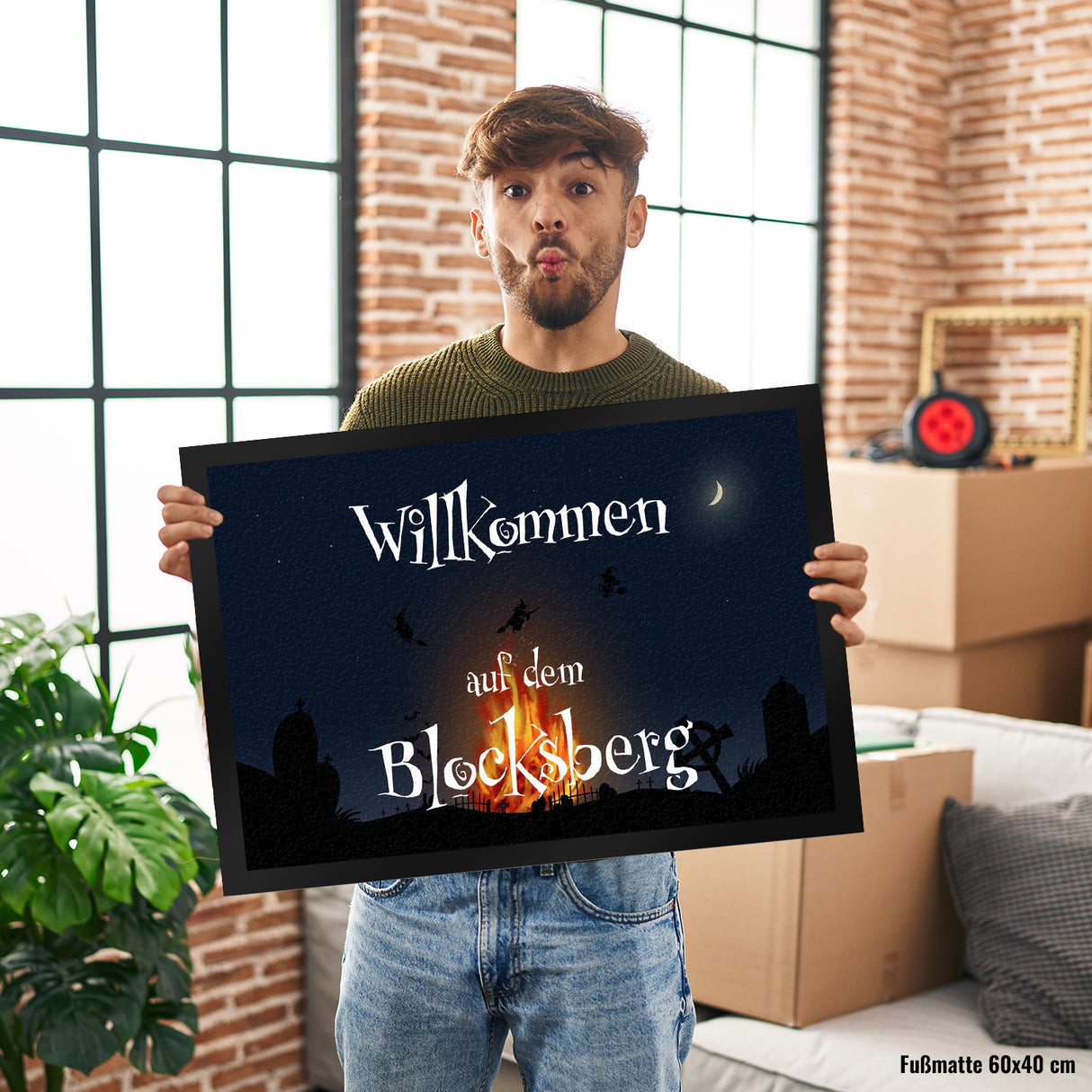 Fußmatte für Halloween mit Hexenfeuer und Spruch - Willkommen auf dem Blocksberg