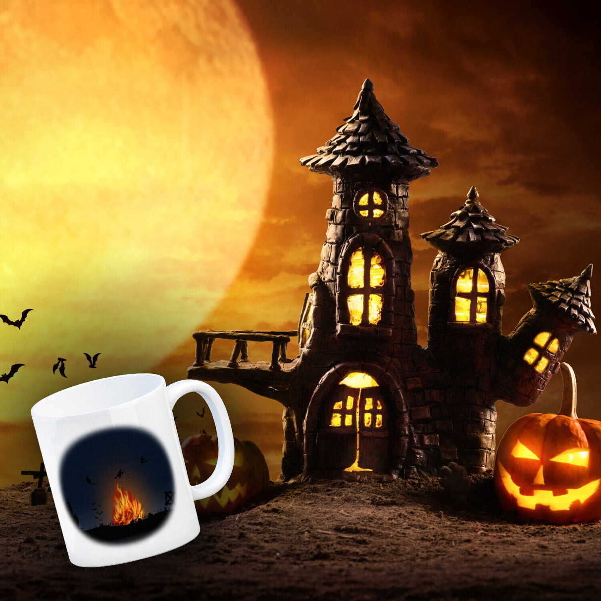 Kaffeetasse mit gruseligem Hexenfeuer Motiv und Spruch - Happy Halloween