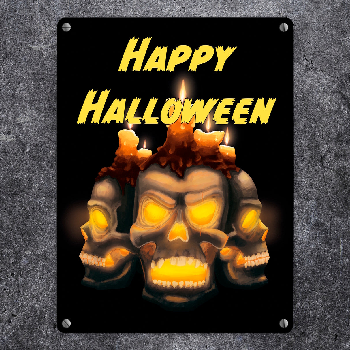 Metallschild für Halloween mit Totenköpfen und Schriftzug - Happy Halloween