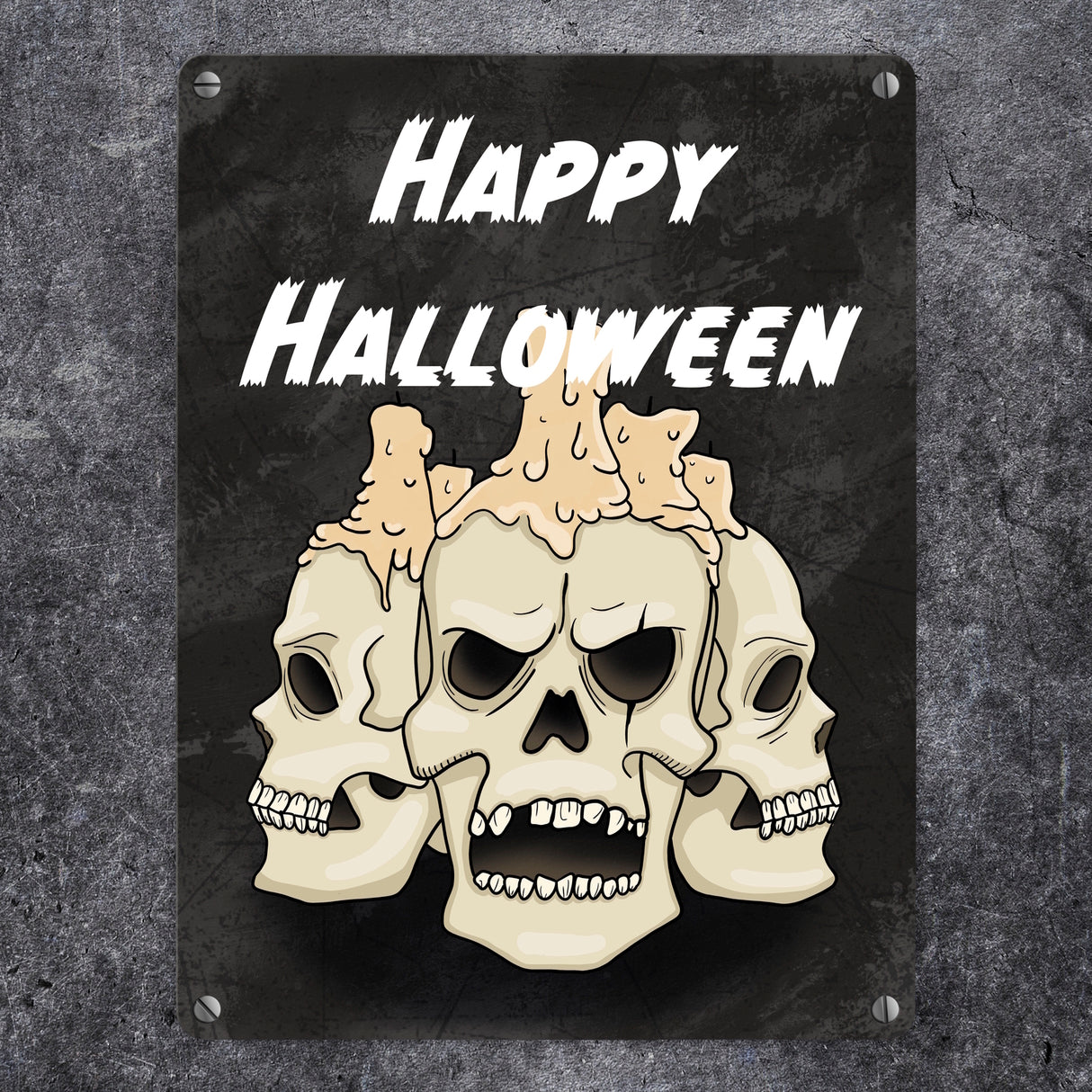 Metallschild für Halloween mit Totenköpfen und Schriftzug - Happy Halloween