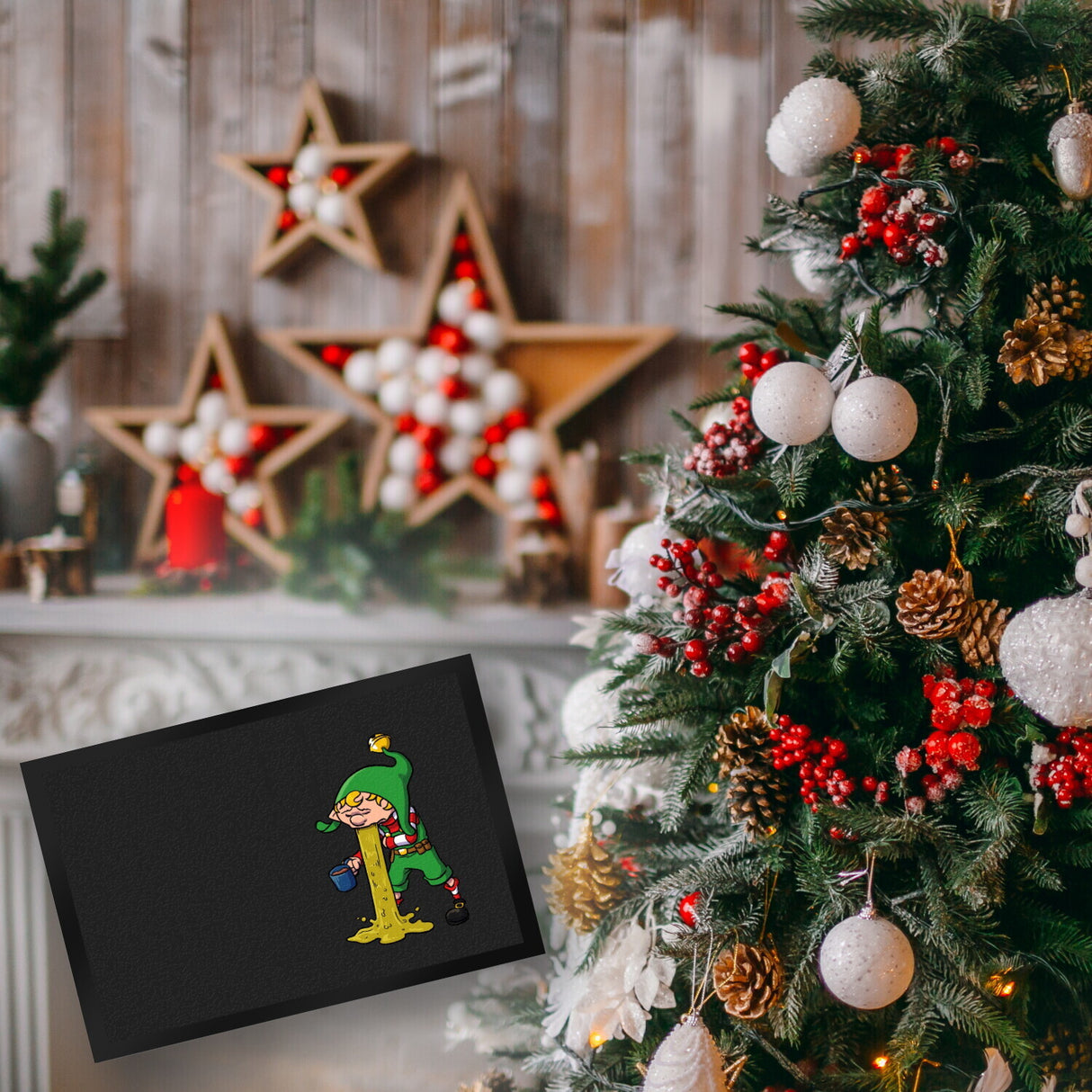 Fußmatte mit lustigem Weihnachtsmotiv - kotzender Weihnachtswichtel