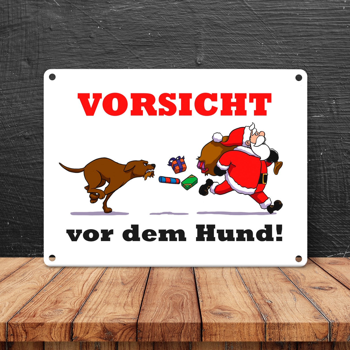 Metallschild mit Spruch und Weihnachtsmotiv - Vorsicht vor dem Hund!