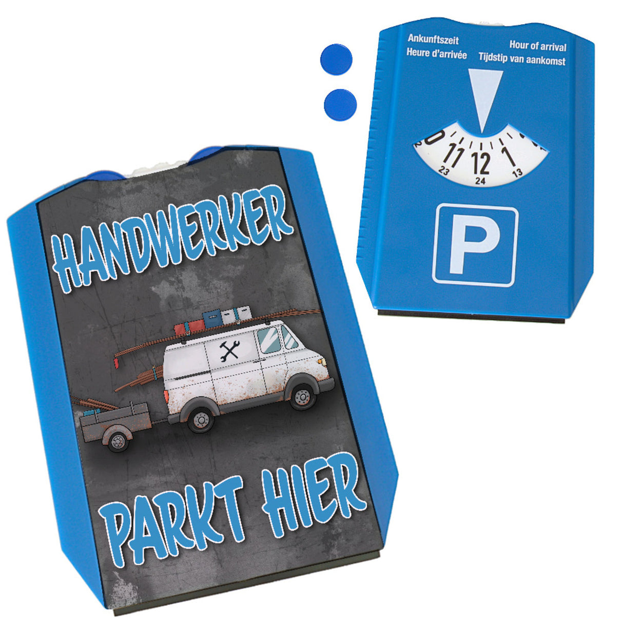 Hier parkt ein Handwerker Parkscheibe mit zwei Einkaufswagenchips
