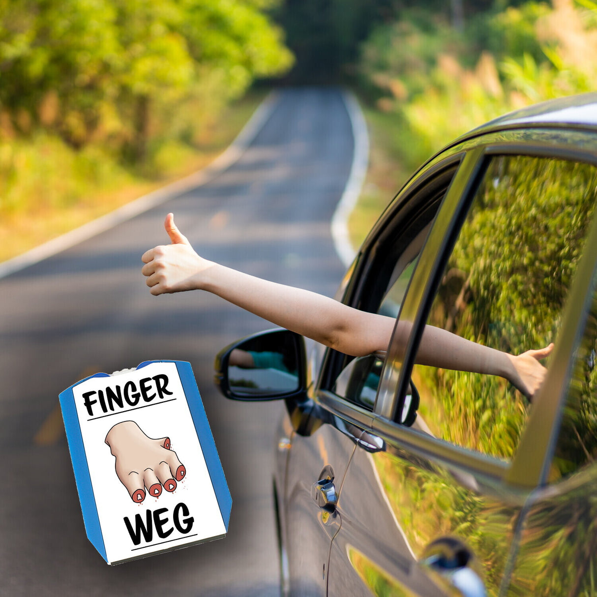 Finger weg Parkscheibe mit abgehackten Fingern und zwei Einkaufswagenchips