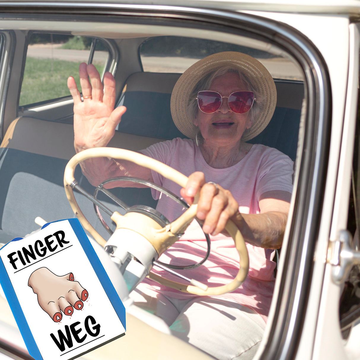 Finger weg Parkscheibe mit abgehackten Fingern und zwei Einkaufswagenchips