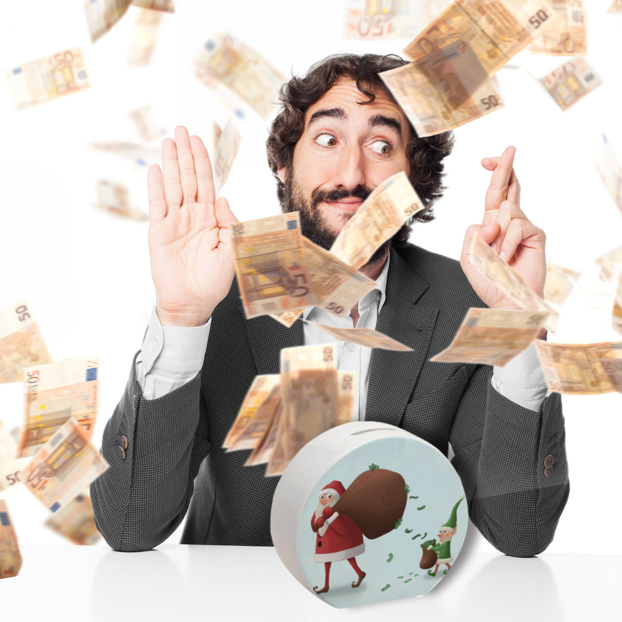 Weihnachtsmann mit einem Sack voll Geld und Weihnachtself Spardose