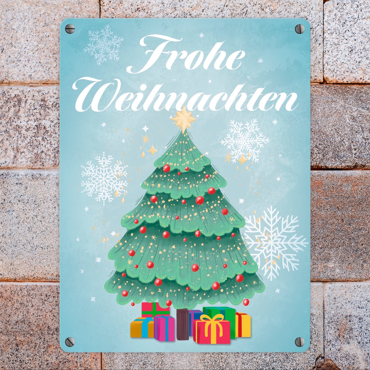 Frohe Weihnachten mit Weihnachtsbaum und Schneeflocken Metallschild
