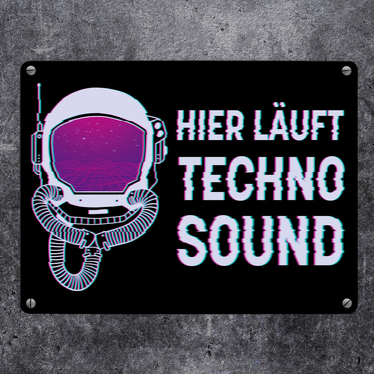 Hier läuft Techno Sound Metallschild mit Astronautenhelm für Raver